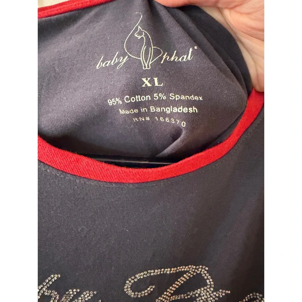 Baby Phat T-Shirt Girls XL Navy Blue Rhinestone Logo Y2K Ringer Short Sleeve Tee